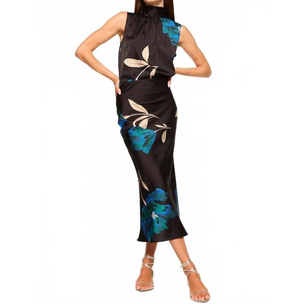 NWT MISA Los Angeles Fay Midi Skirt Nightshade Floral Black Size XS